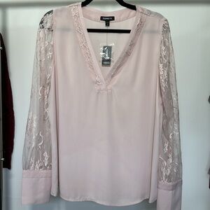 LARGE - EXPRESS Pink V-neck Lace Detail Blouse